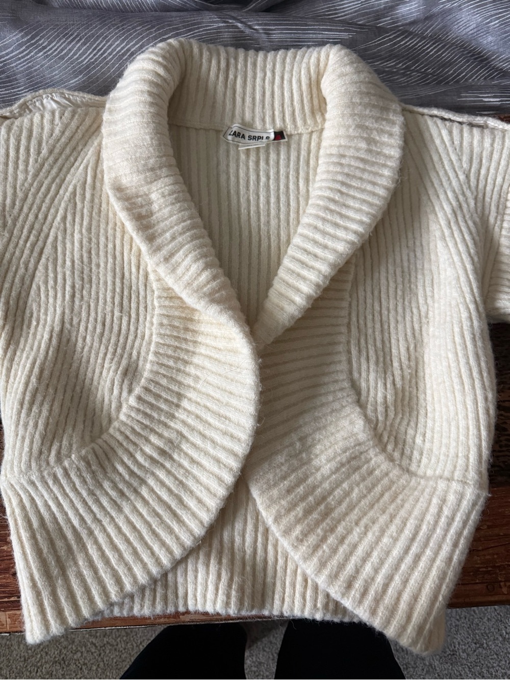 Zara Ivory Ribbed Shawl-Collar Open Cardigan
